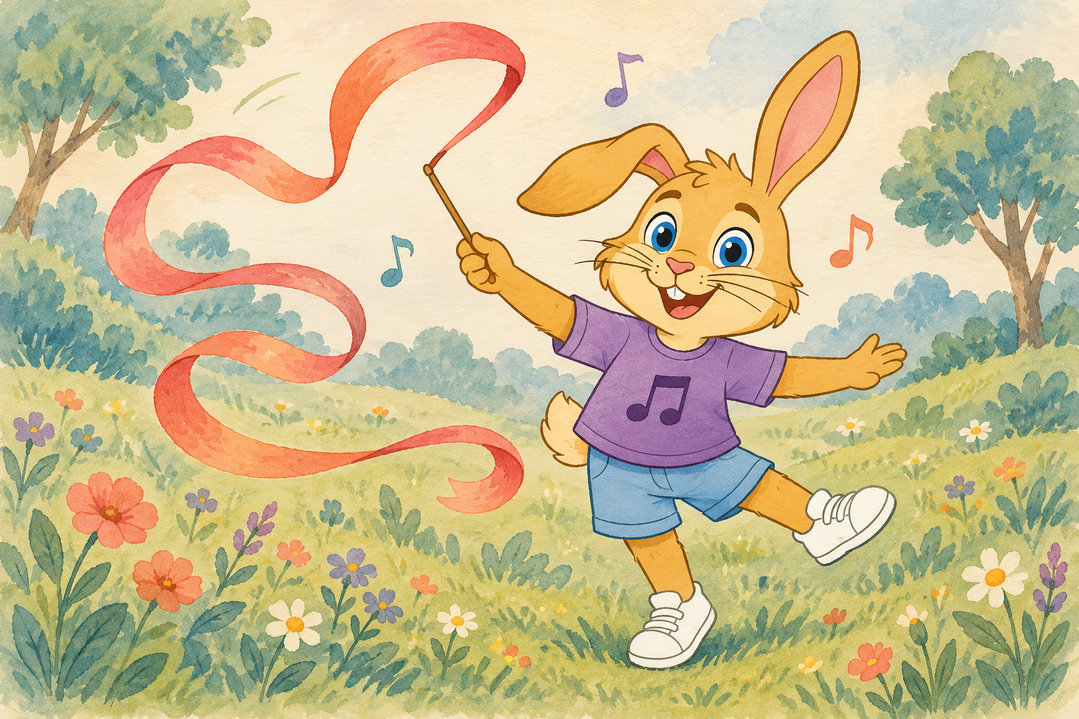 Storybook illustration of Milo dancing with a ribbon in a flower-filled meadow