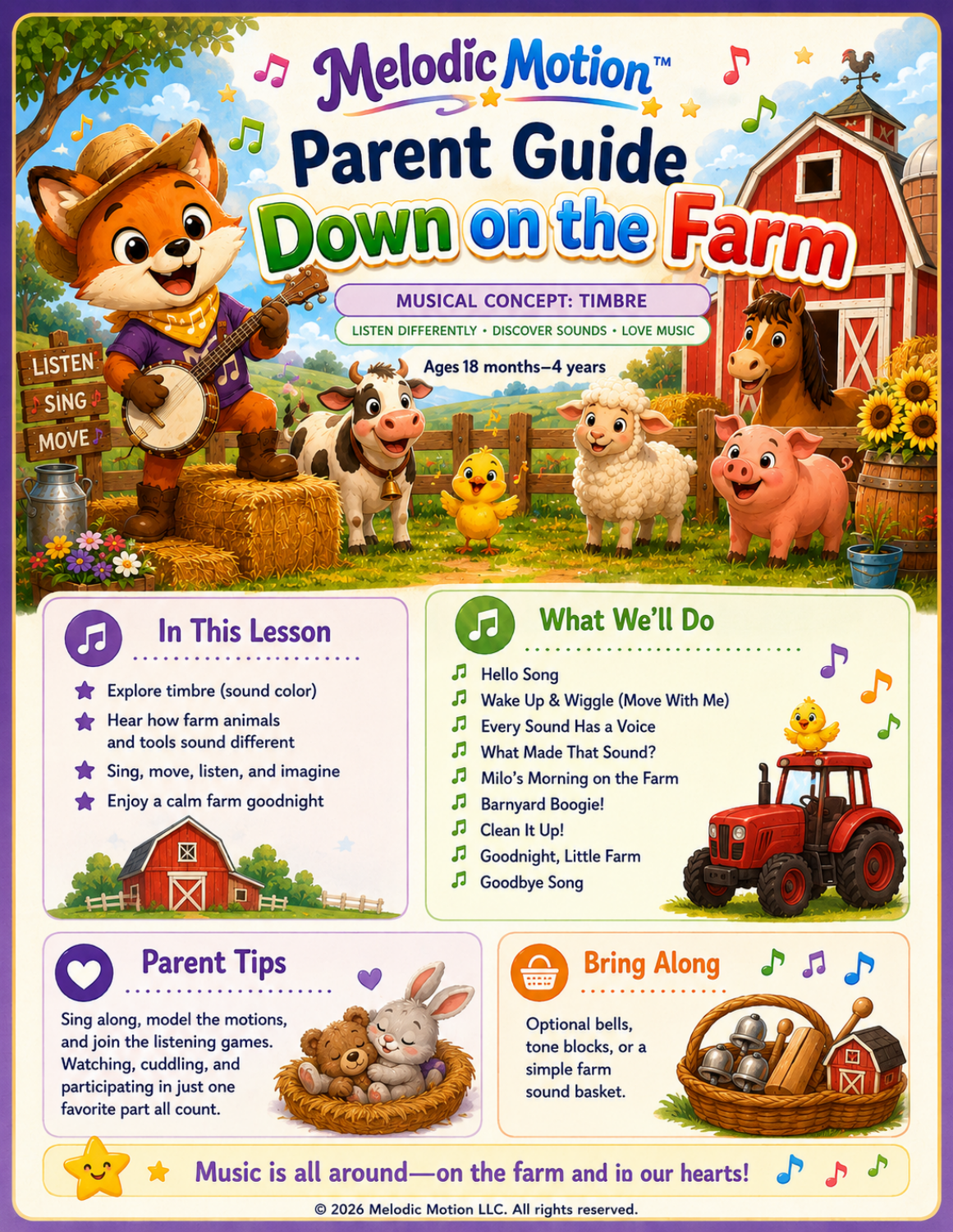 First page of the Melodic Motion Down on the Farm Parent Guide